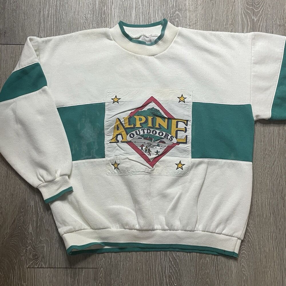 VTG Alpine Outdoors Sweatshirt White Teal Iceskating Womens XL
